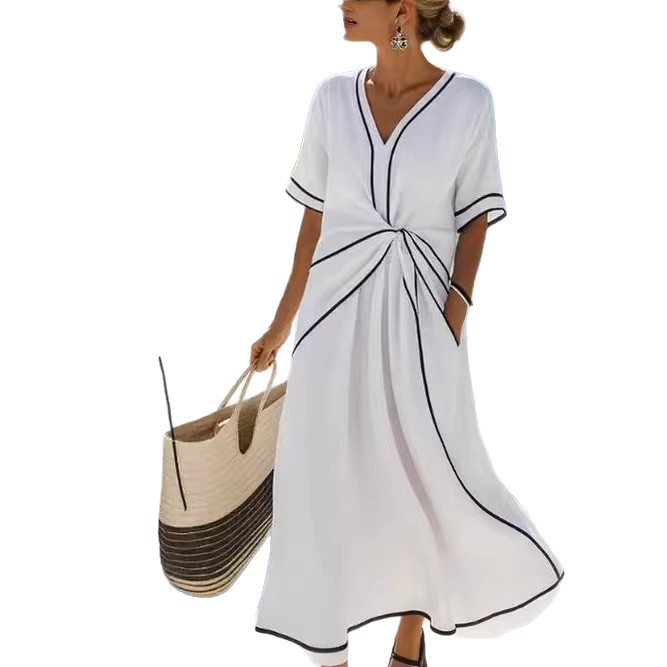 Women's Loose V-Neck Short Sleeve A-Line Midi Dress