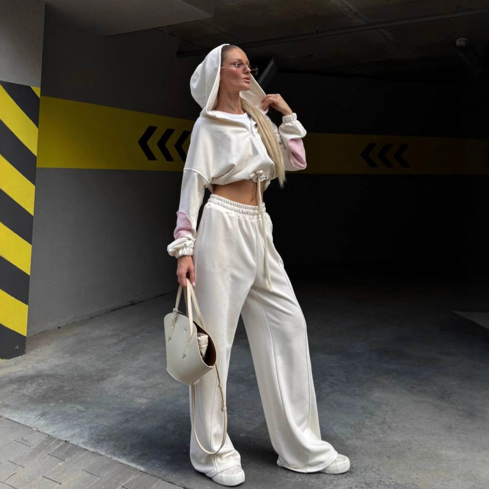Women's Solid Color Zip-Up Hoodie and Drawstring Jogger Two-Piece Set