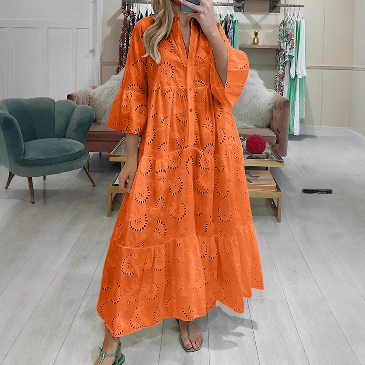 V-Neck Bell Sleeve Lace Hollow Out Solid Long Dress