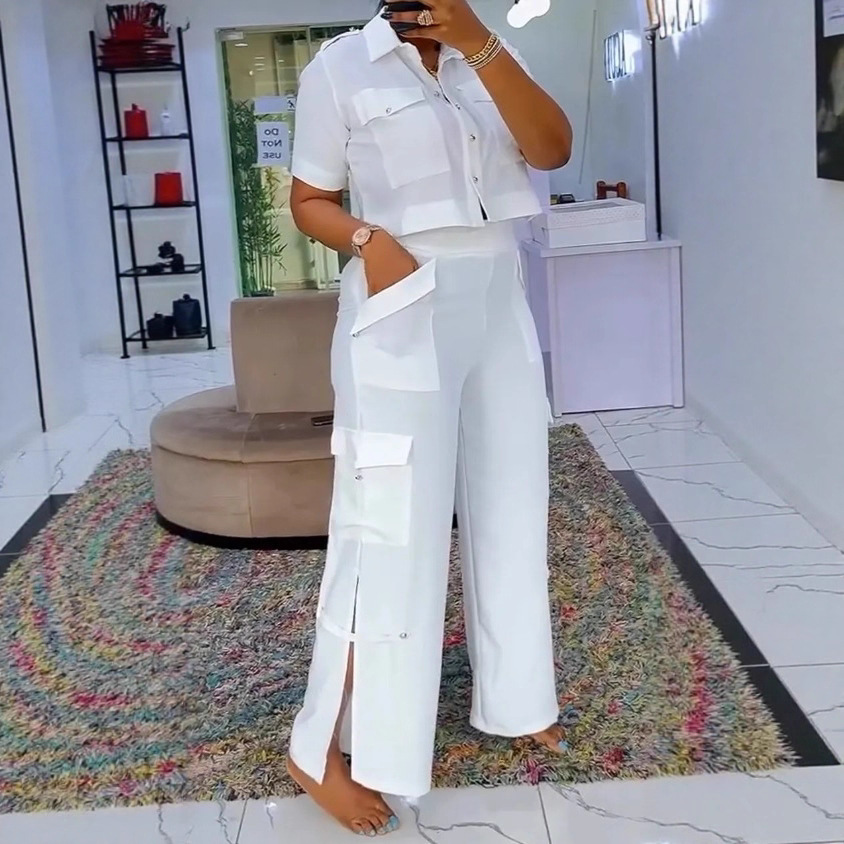 Women's High Neck Top and Multi-Pocket Patchwork Pants Casual Set