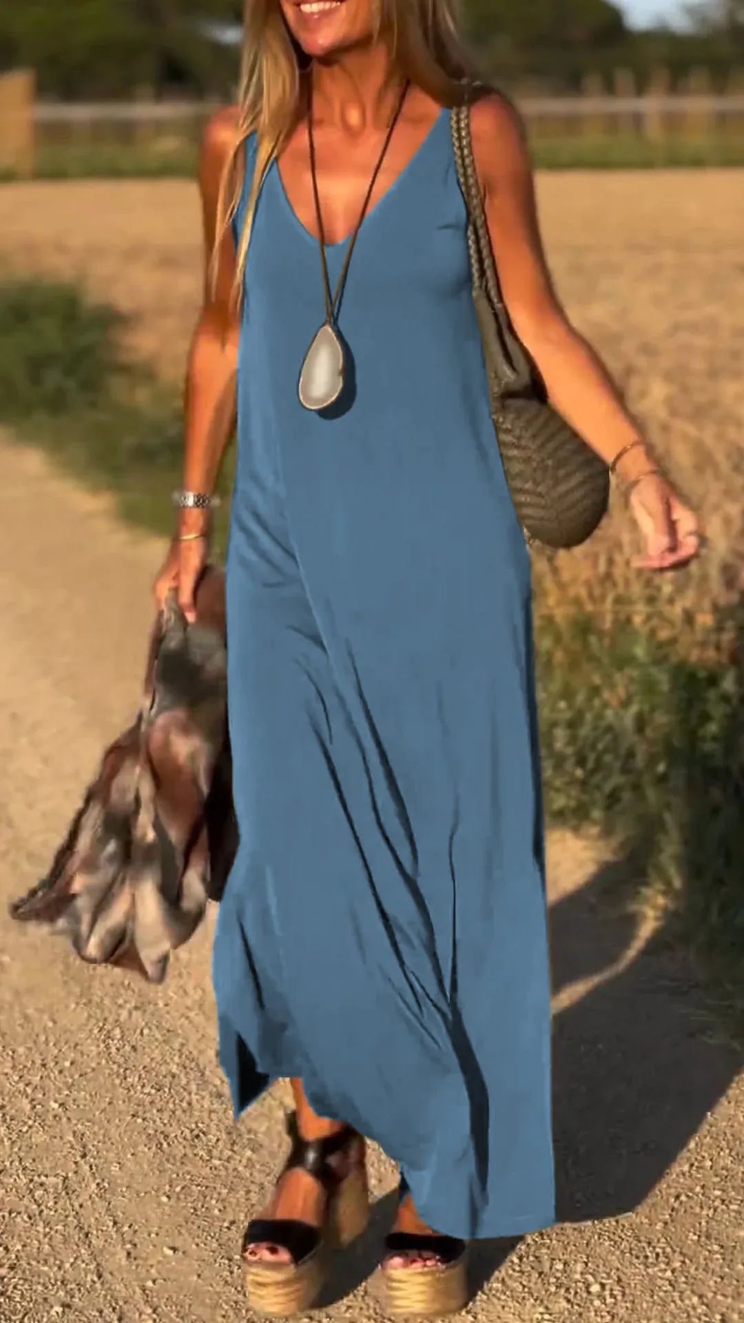 Women's V-Neck Cami Dress Sleeveless Long Slim Fit
