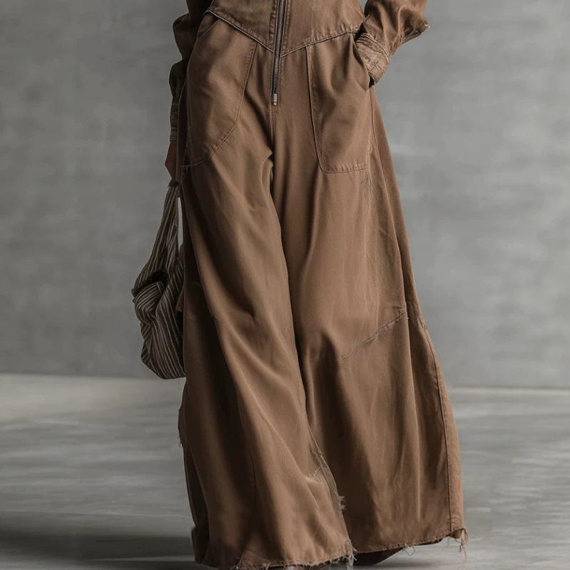 Women's Casual Solid Color Long Denim Dress with Shirt Collar and Pockets