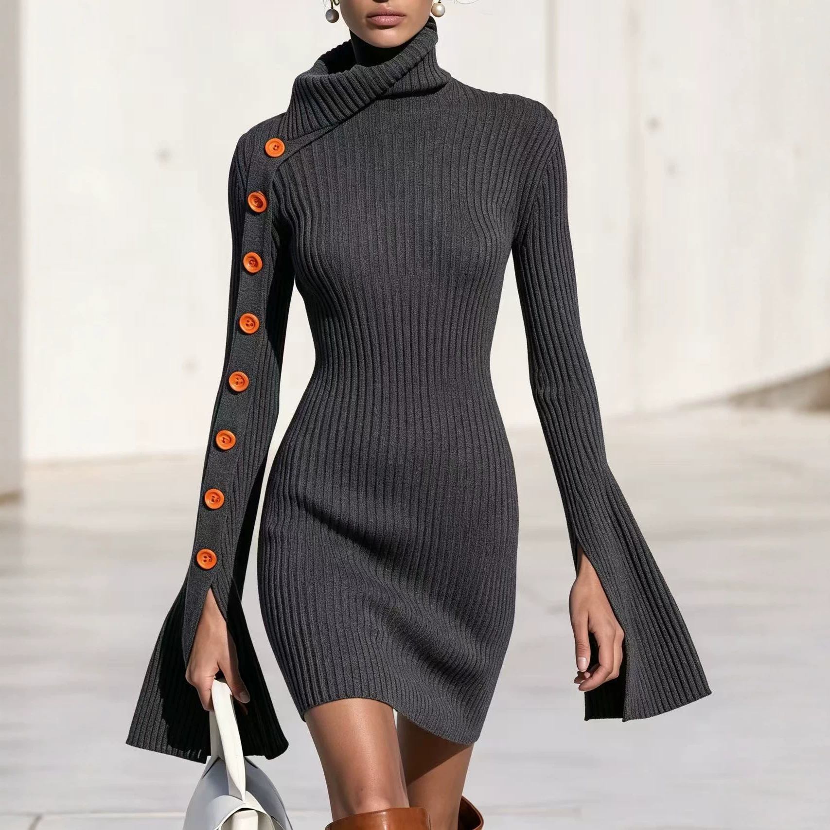 Slim-Fit Ribbed Button-Accent A-Line Dress