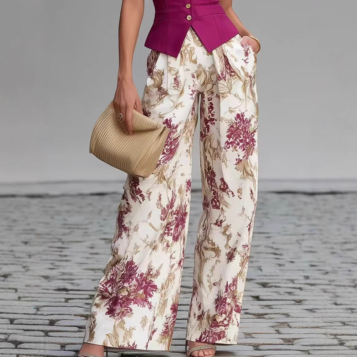 Elegant Button Vest Top and Wide-Leg Pants Two-Piece Set