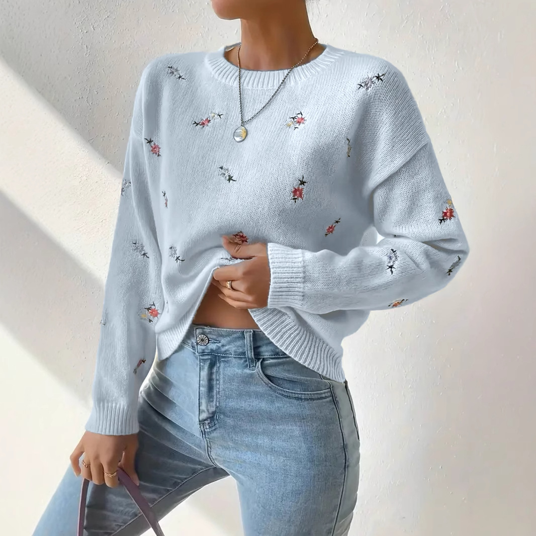 Korean-Style Soft Knit Round-Neck Pullover Sweater Loose Floral Embroidered Top