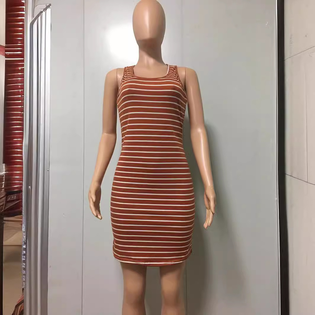 Black and White Striped Sleeveless Tank Dress Slim Fit Long