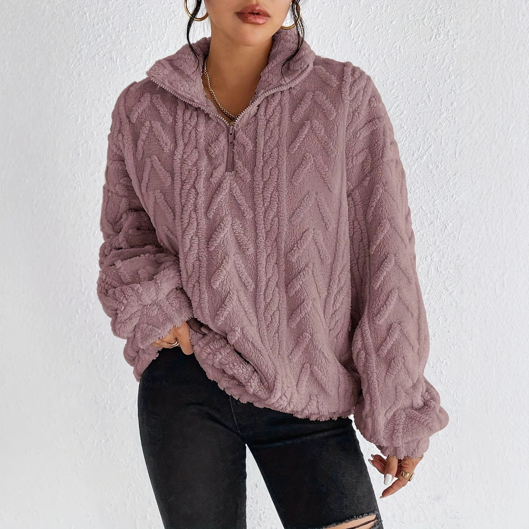 Women's Double-Sided Fleece Pullover Zip-Up Top