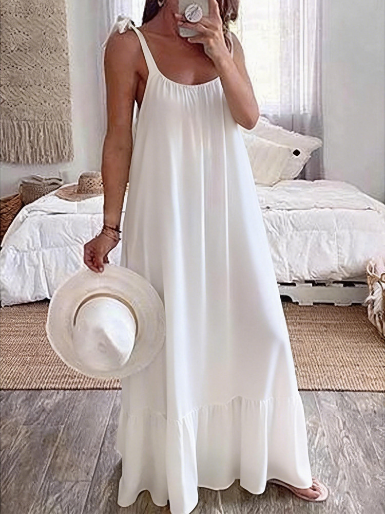 Women's Casual U-Neck Ruched A-Line Long Dress