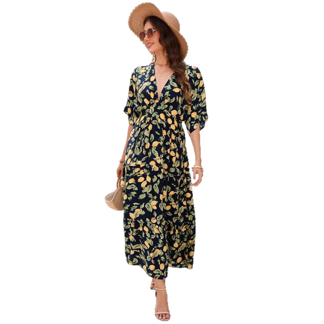 Women's Floral Print Batwing Sleeve Deep V-Neck Waist-Tie Layered Midi Dress