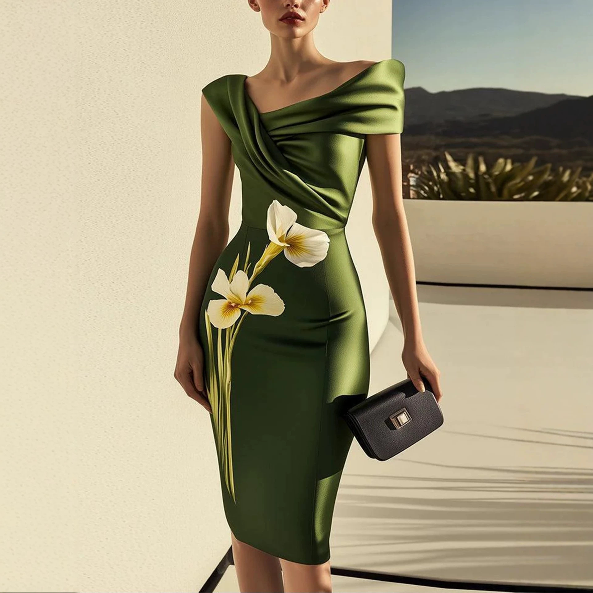 Elegant Floral Print Waist-Cinching Midi Dress