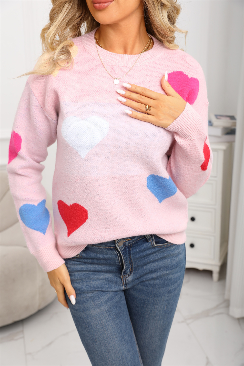 Heart Pattern Crewneck Knit Pullover Sweater