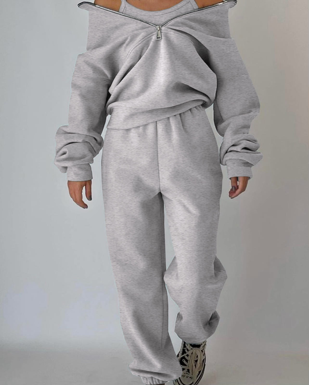 Women's Fleece Zip-Up Tracksuit Set Casual Athleisure