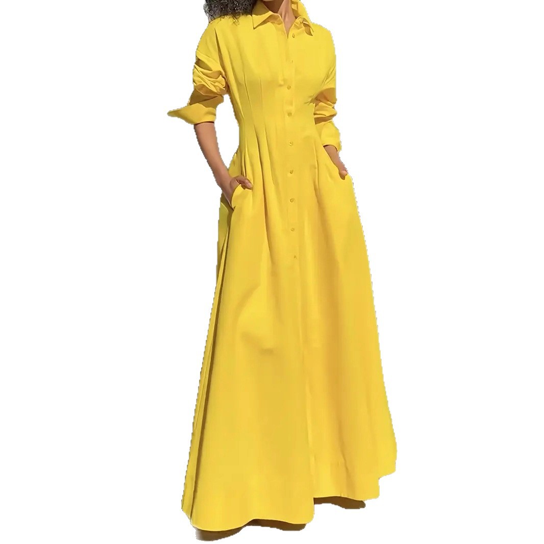 Elegant Loose Single-Breasted Slit Shirt Dress Long Dress