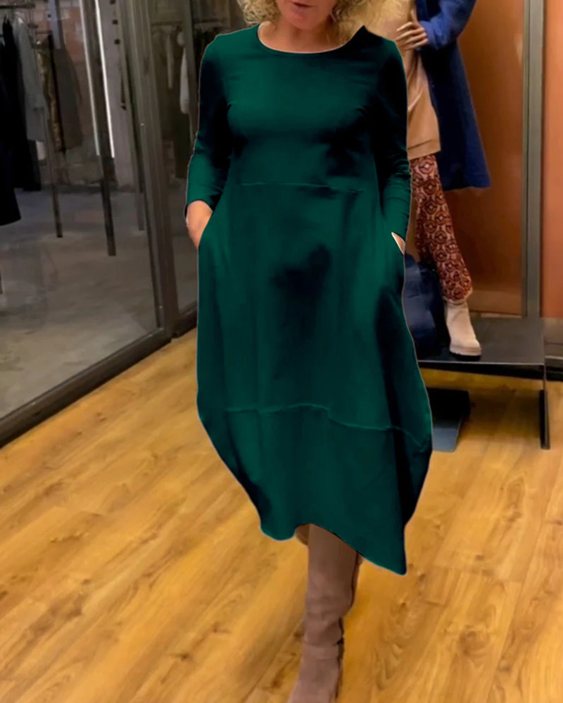 Women's Solid Color Round Neck Long Sleeve Maxi Dress