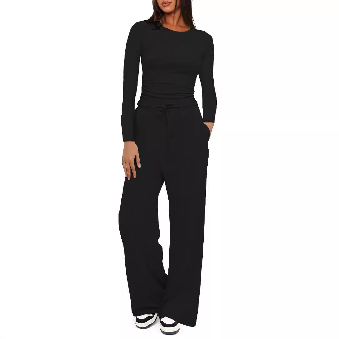 Solid Color Long Sleeve Top & High-Waist Wide-Leg Pants Set