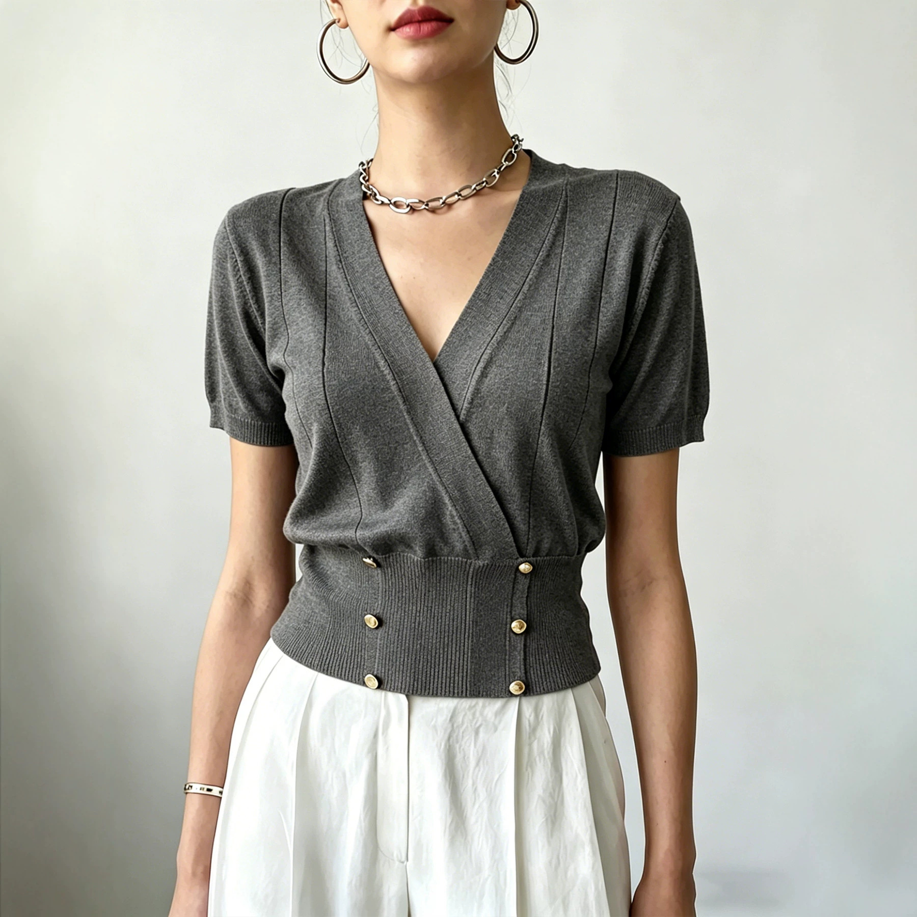 Women's Knit Sweater with Cross V-Neck and Faux Button Waist