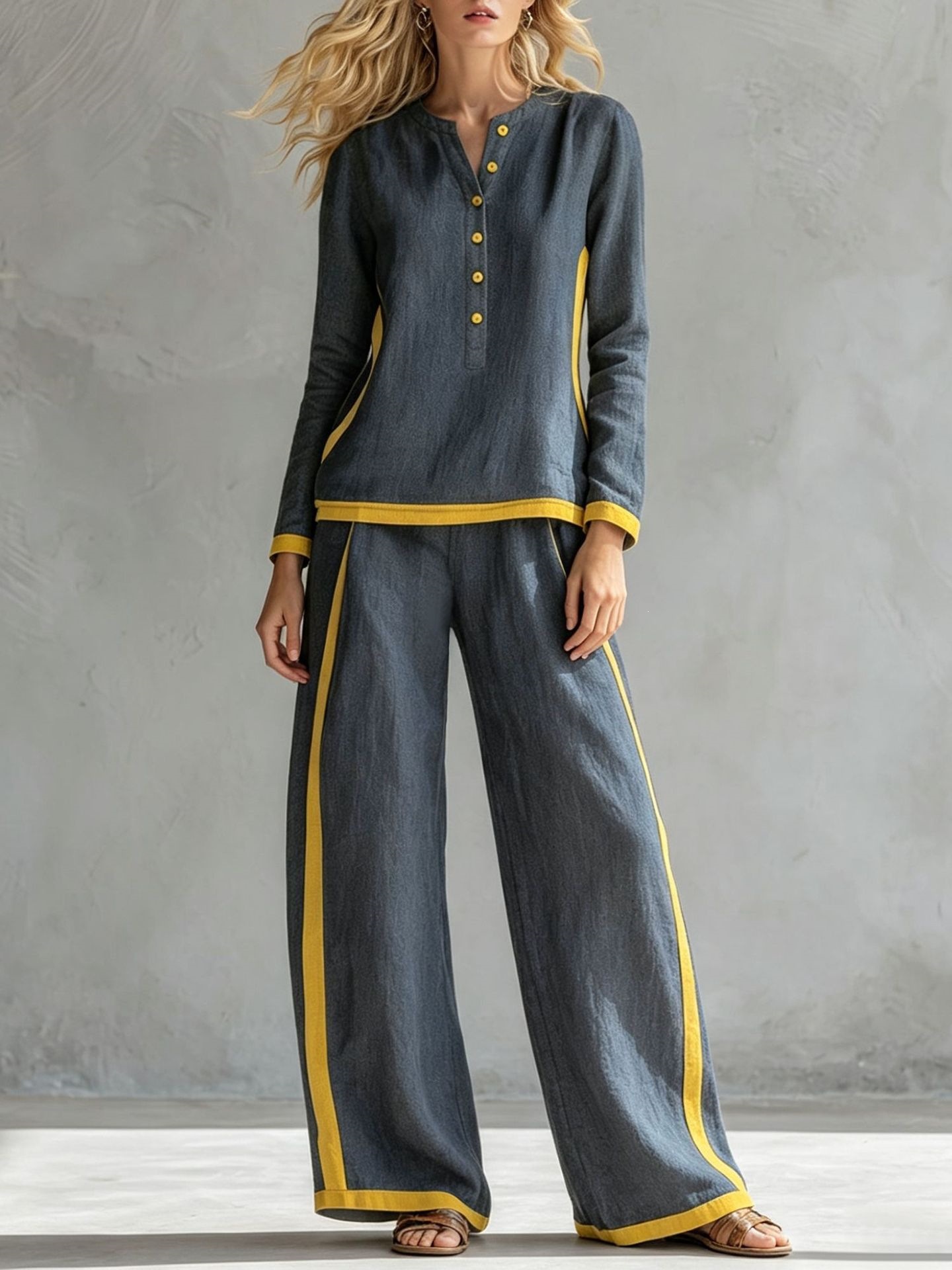 Women's Colorblock Buttoned Half Cardigan & Wide-Leg Pants Set