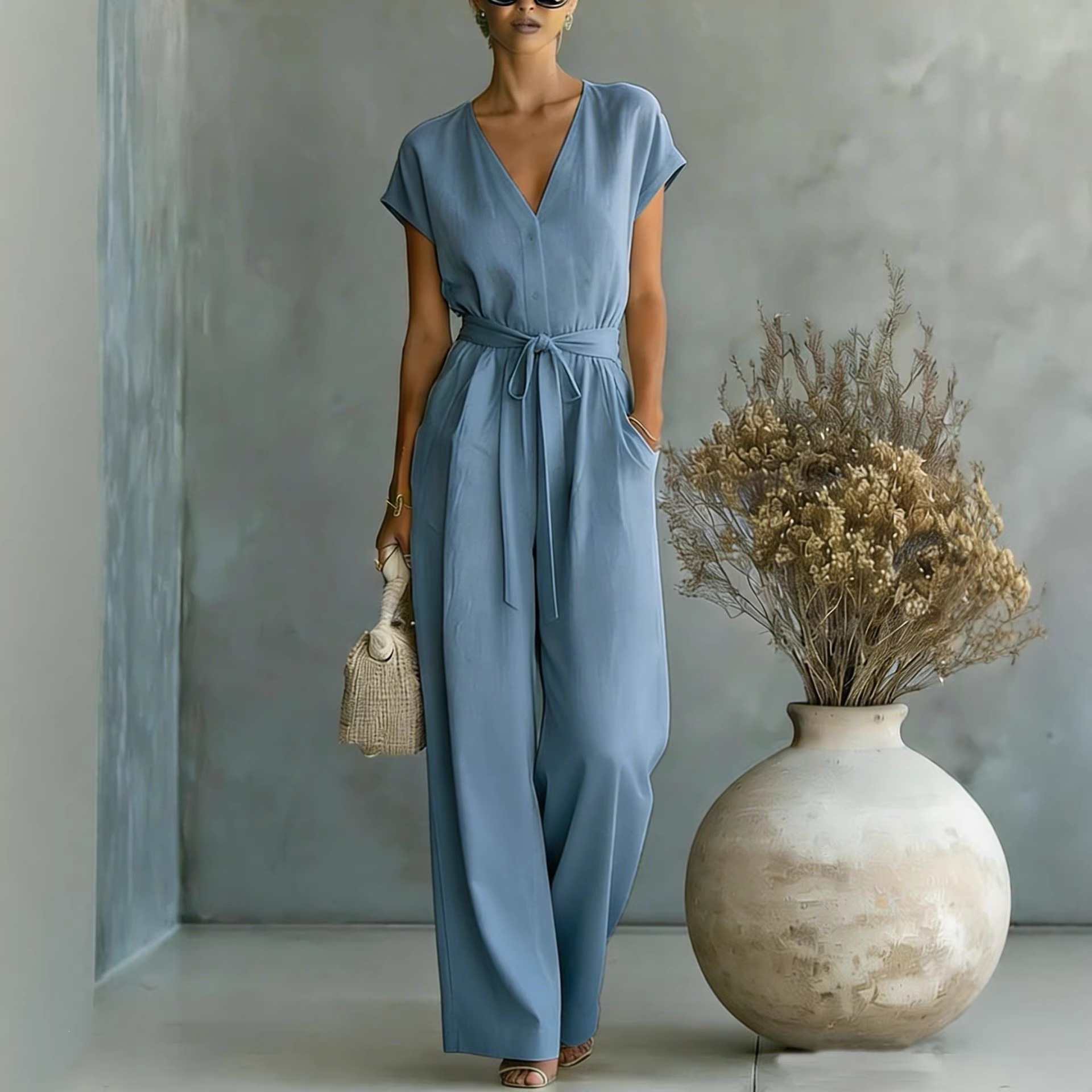 Solid Color Button-Front Belted V-Neck Jumpsuit with Pockets