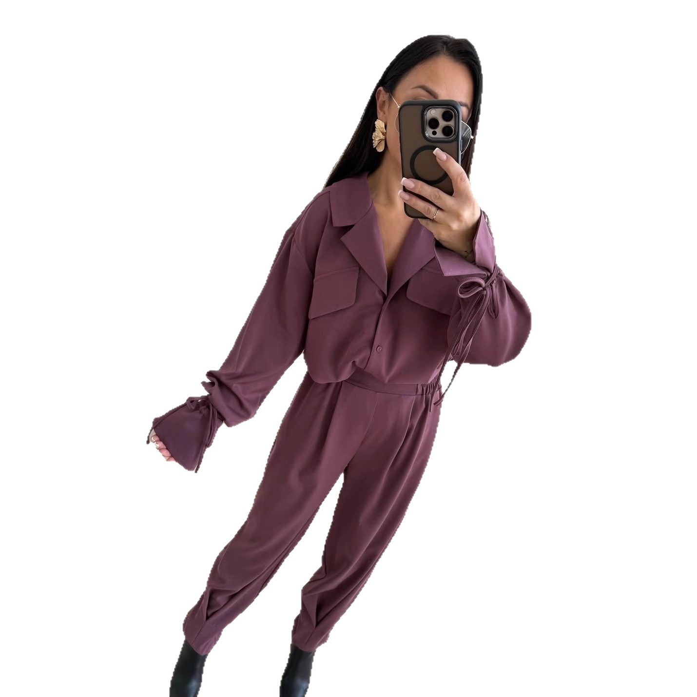 Women's Crepe Collared Long-Sleeve Shirt & Pants Set