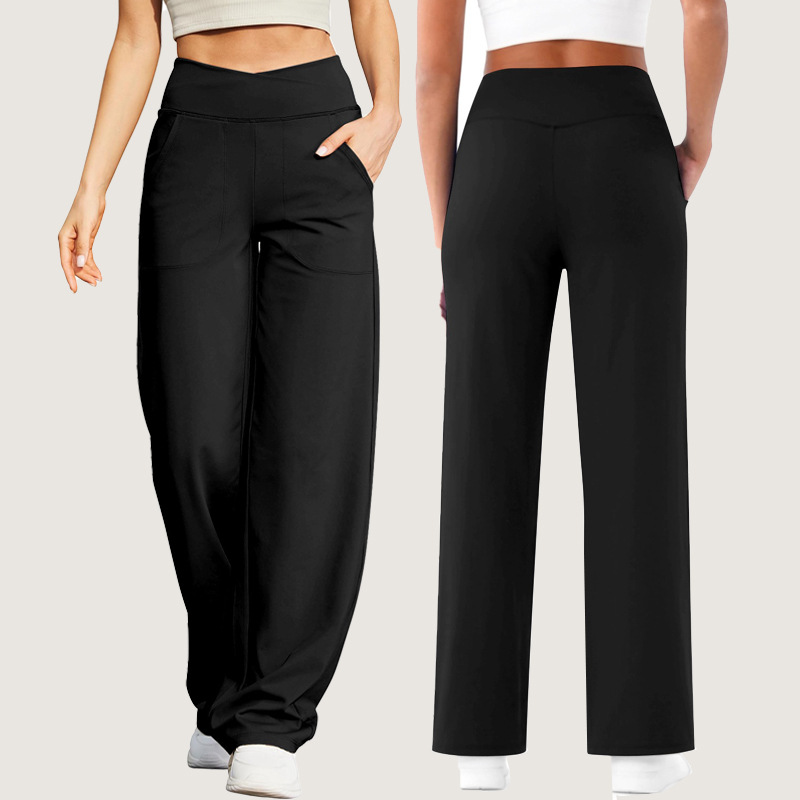 Women's V-Waist Cross Wide-Leg Yoga Pants with Pockets No Front Seam