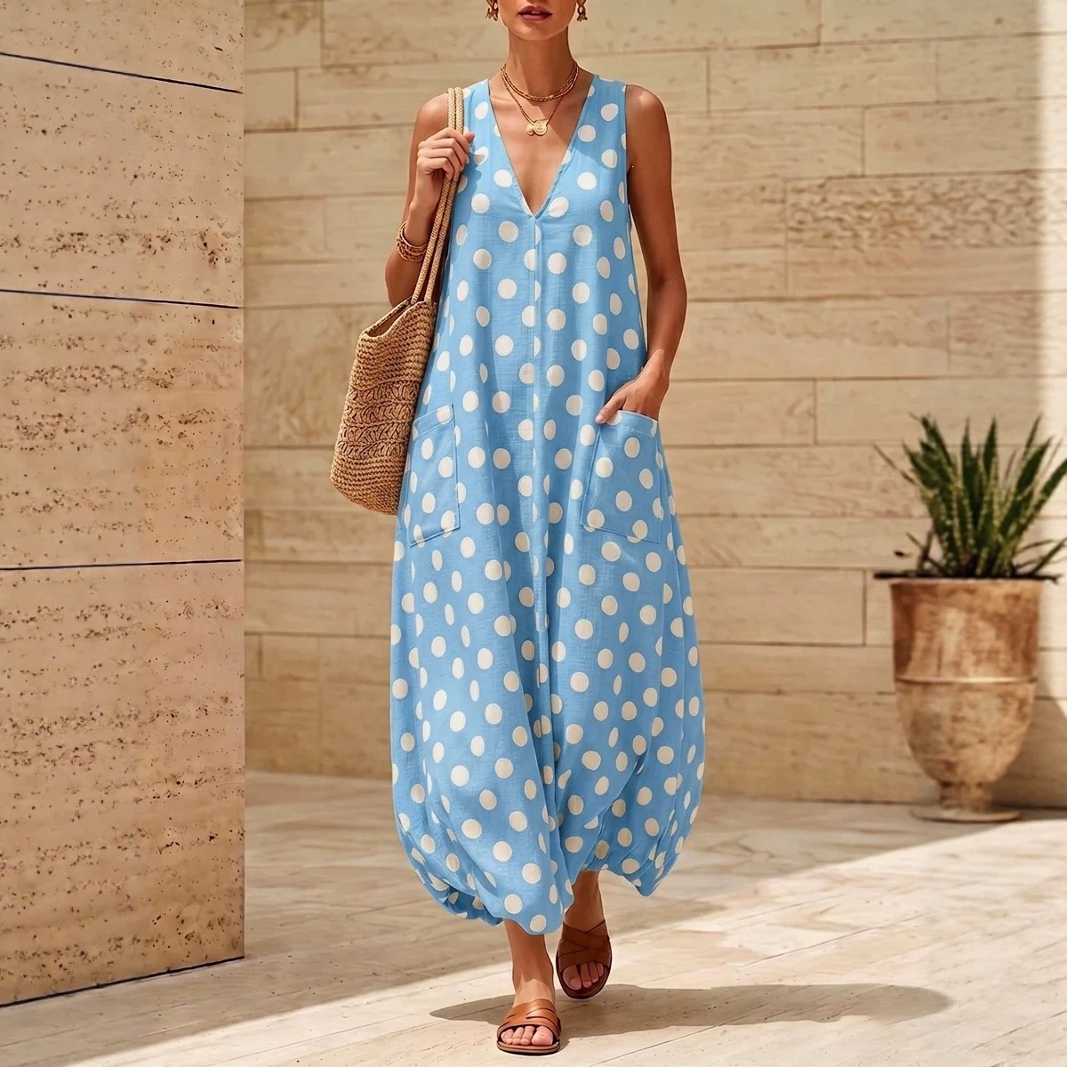 Retro Polka Dot V-Neck Loose Dress with Pockets Sleeveless Bubble Hem