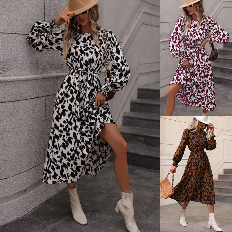 Leopard Print Tie-Waist Long Sleeve Maxi Dress