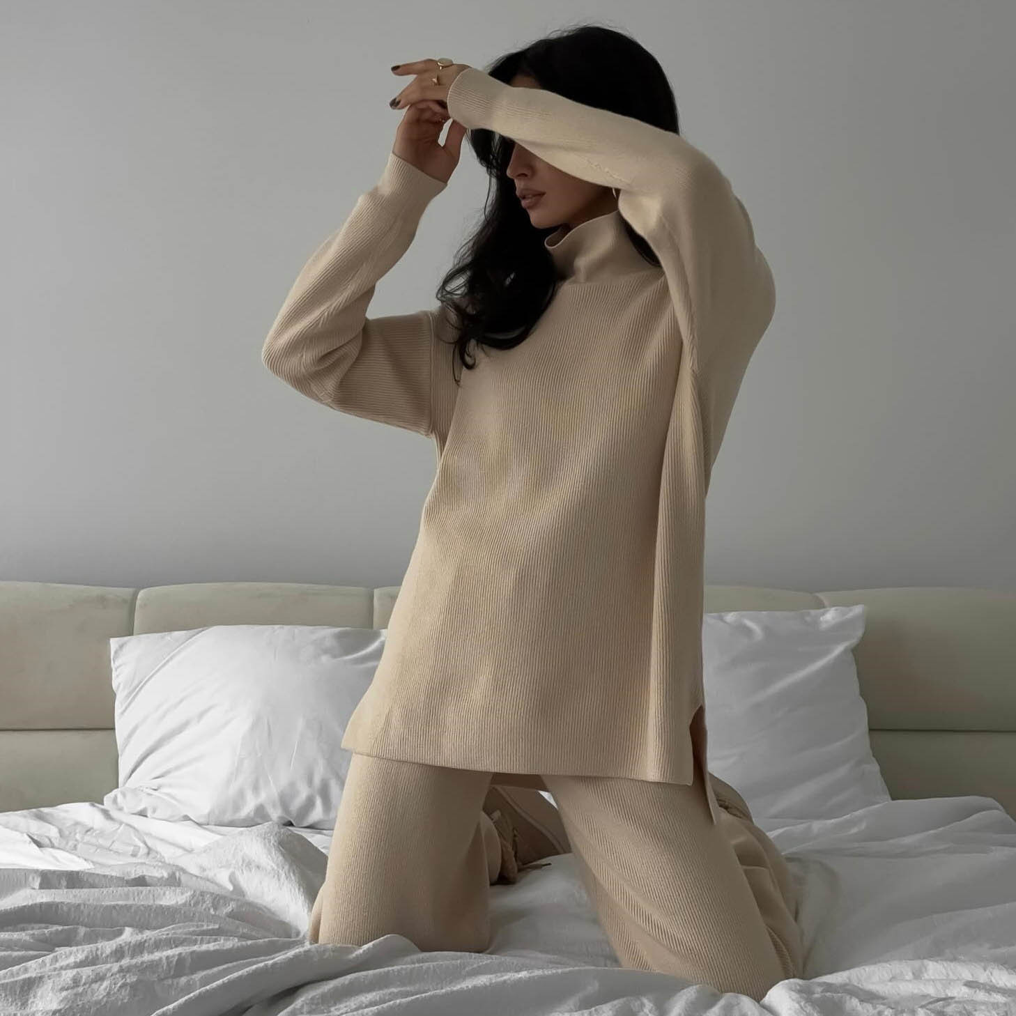 Women's Casual Solid High Neck Knit Long Sleeve Pant Set