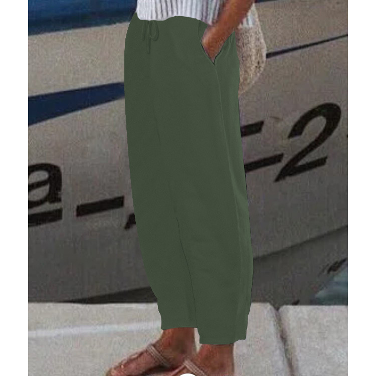 Women's Solid Color Casual Cotton Linen Pants with Elastic Waist