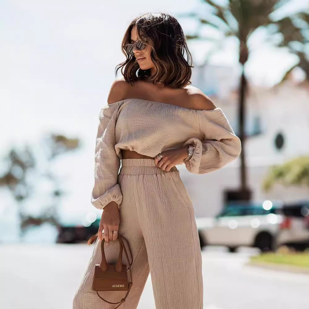 Off-Shoulder Short-Sleeve Top and Straight-Leg Pants Set Solid Color Commuter Two-Piece
