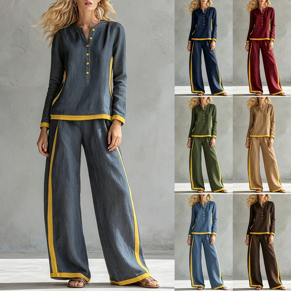 Women's Colorblock Buttoned Half Cardigan & Wide-Leg Pants Set