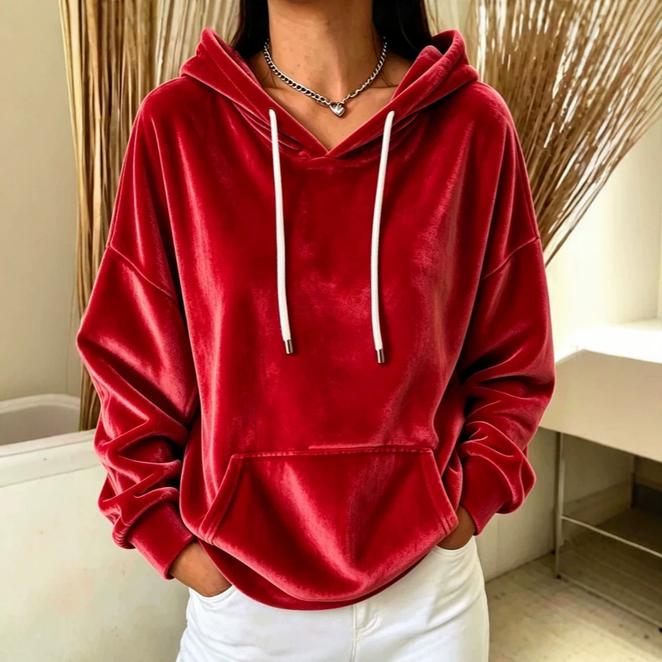 Velvet Hooded Drawstring Pocket Pullover Sweatshirt