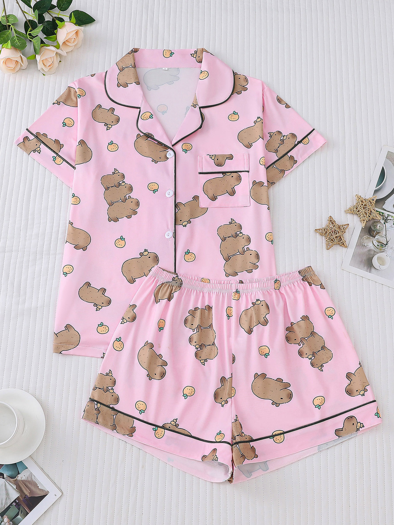 Women's Cute Capybara Print Cuban Collar Short Sleeve Two-Piece Set