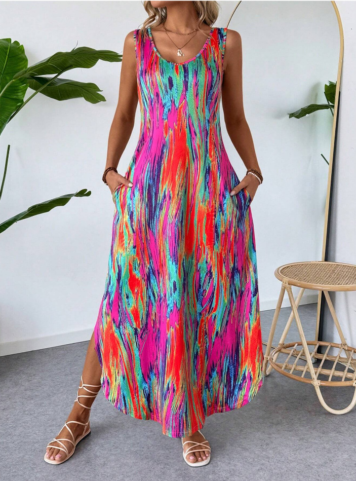 Floral Sleeveless Tank Dress Slimming Split Midi