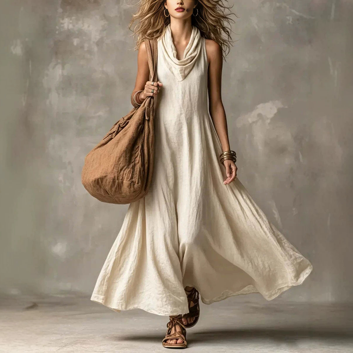 Women's Sleeveless Cowl Neck A-Line Maxi Dress Loose Fit