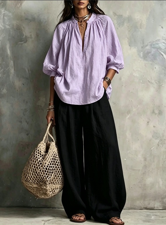 Women's Solid Color Stand Collar Lantern Sleeve Top & Wide-Leg Pants Two-Piece Set