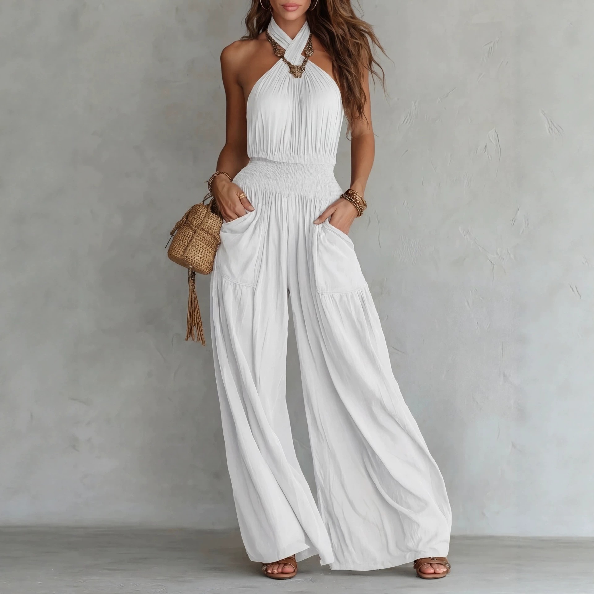 Bohemian Open-Back Sleeveless Wide-Leg Jumpsuit with Smocking and Pockets
