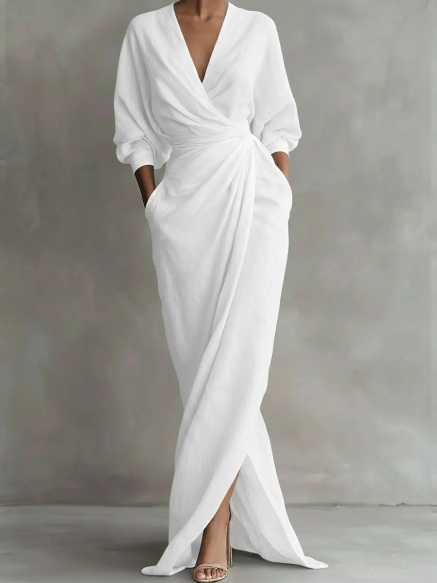Women's Long Sleeve V-Neck Maxi Dress Solid Color Pleated A-Line Casual