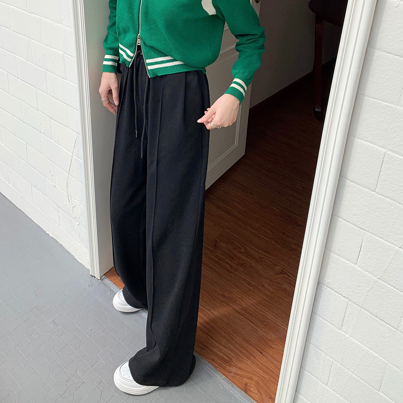 Black High-Waist Wide-Leg Sweatpants for Women, Loose Casual Korean Style