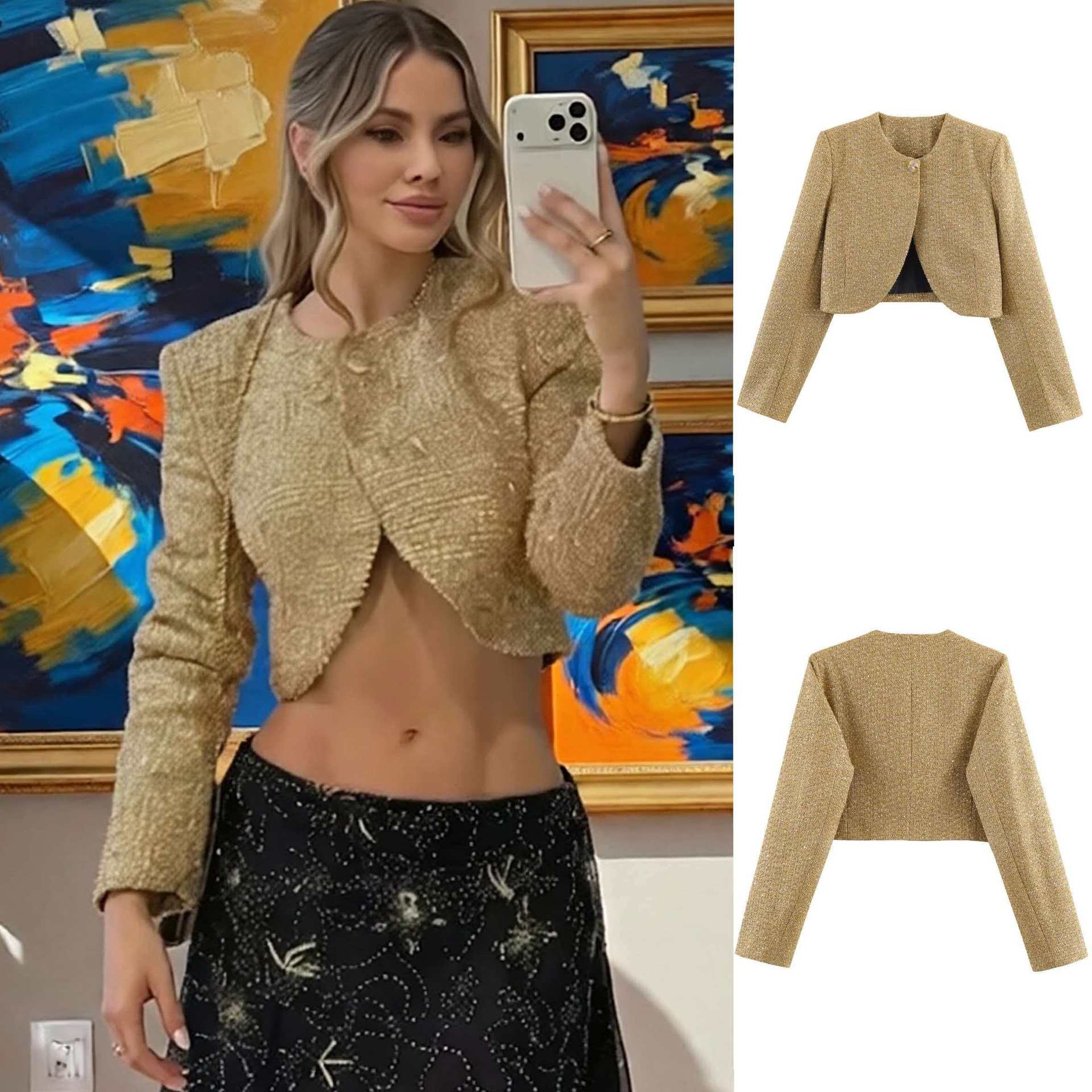 Gold Cropped Tweed Jacket, Elegant Versatile Women's Outerwear