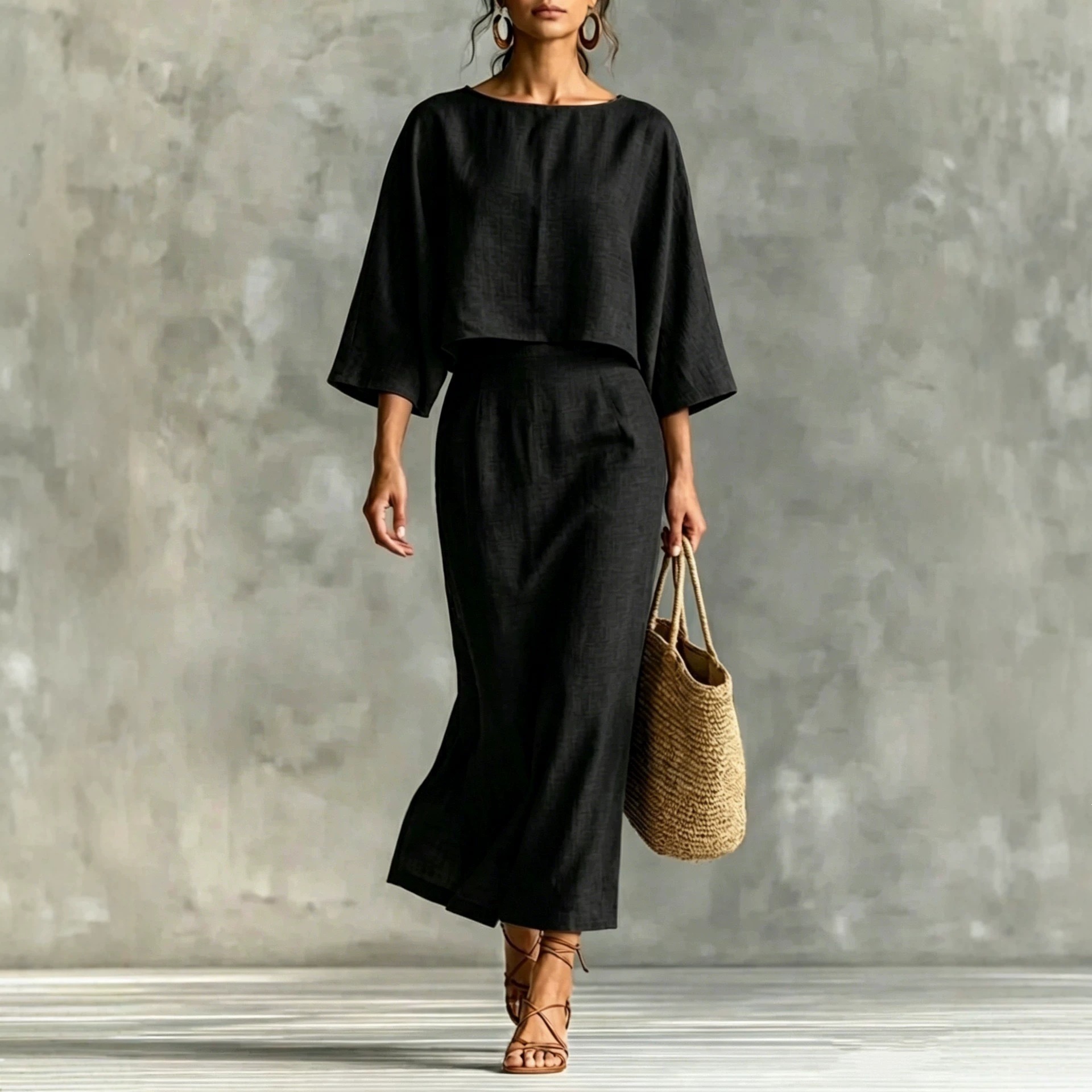 Women's High-Waist Midi Skirt Set with Round-Neck Seven-Sleeve Top