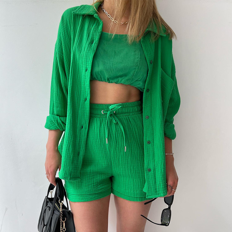 Women's Crinkle Fabric Collared Long Sleeve Shirt and High Waist Drawstring Shorts Set
