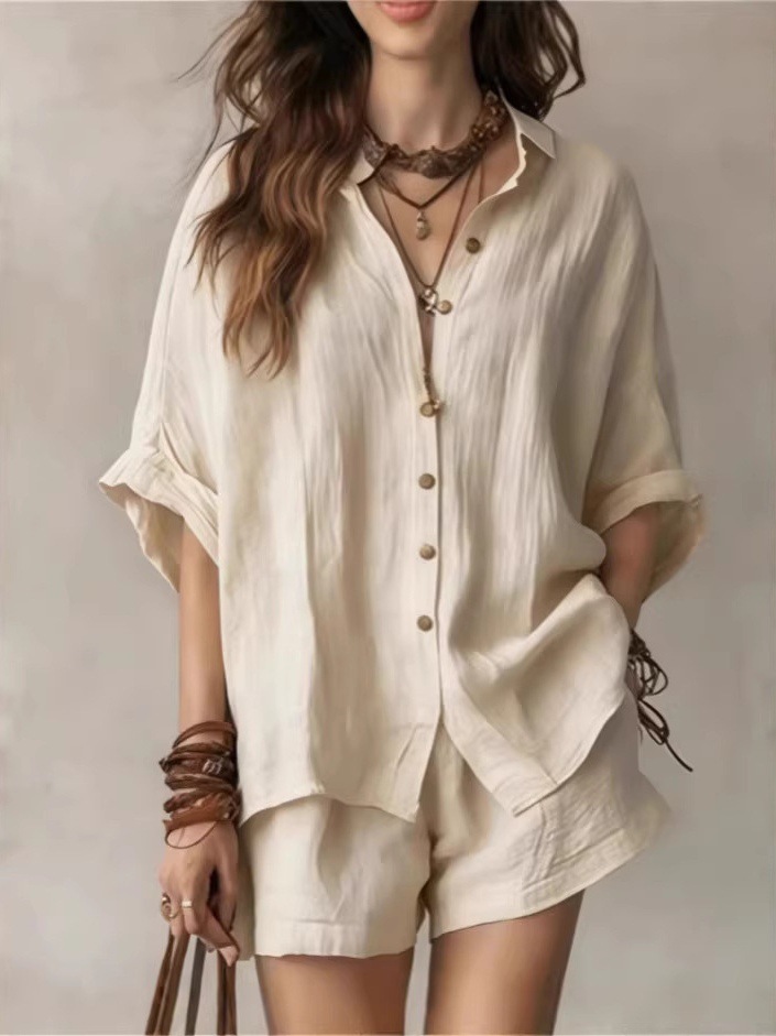 Women's Casual Two-Piece Set Loose Short Sleeve Collared Shirt and Shorts