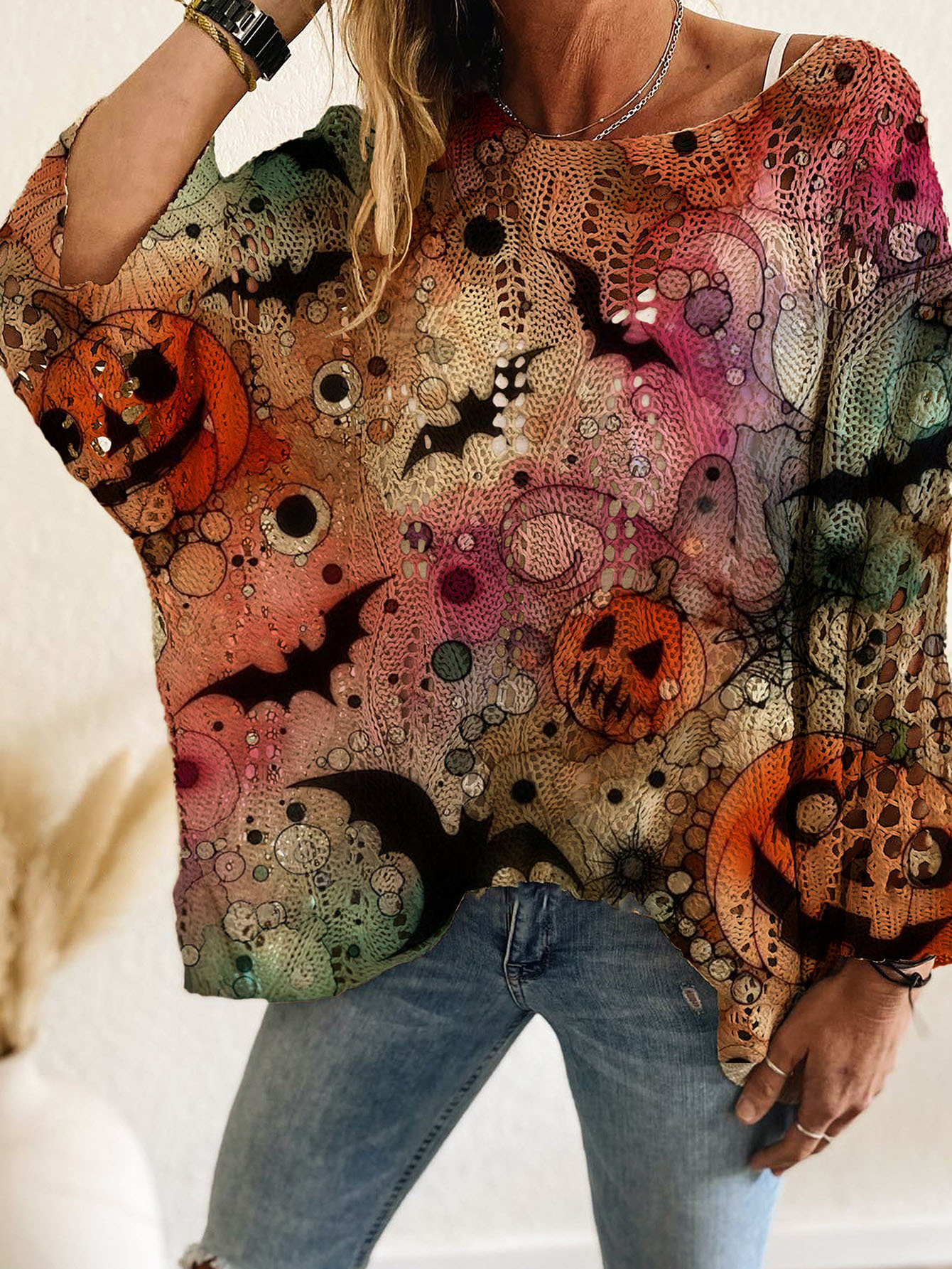 Women's Off-Shoulder Diamond Hollow Batwing Sleeve Halloween Print Top