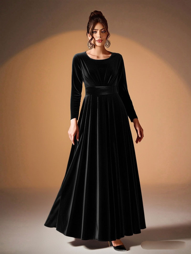 Women's Plus Size Velvet Long Sleeve Ruched A-Line Midi Evening Dress