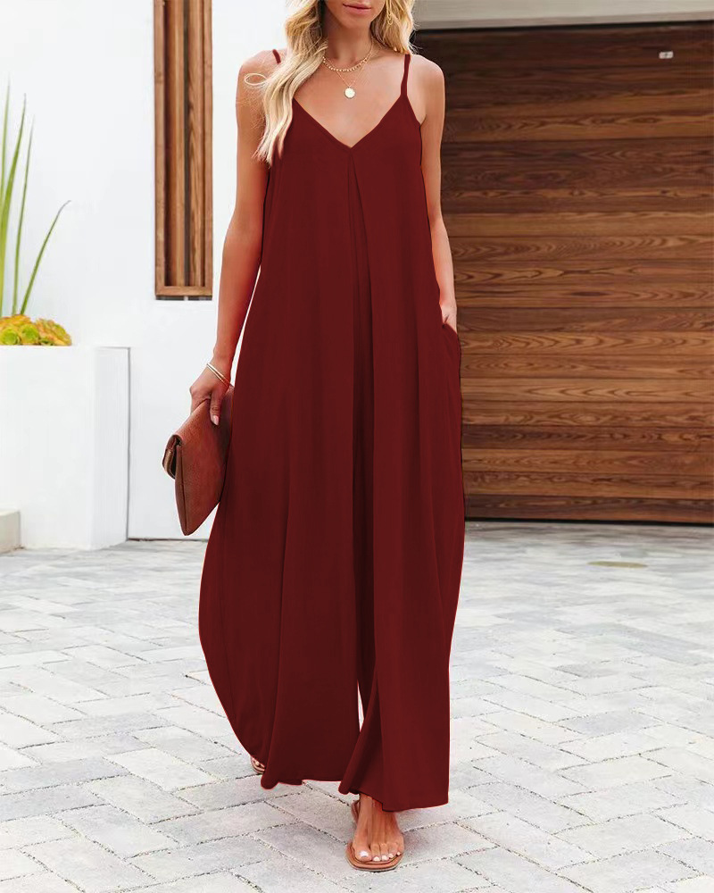 Women's Sleeveless Wide-Leg Jumpsuit with Pockets Solid Color