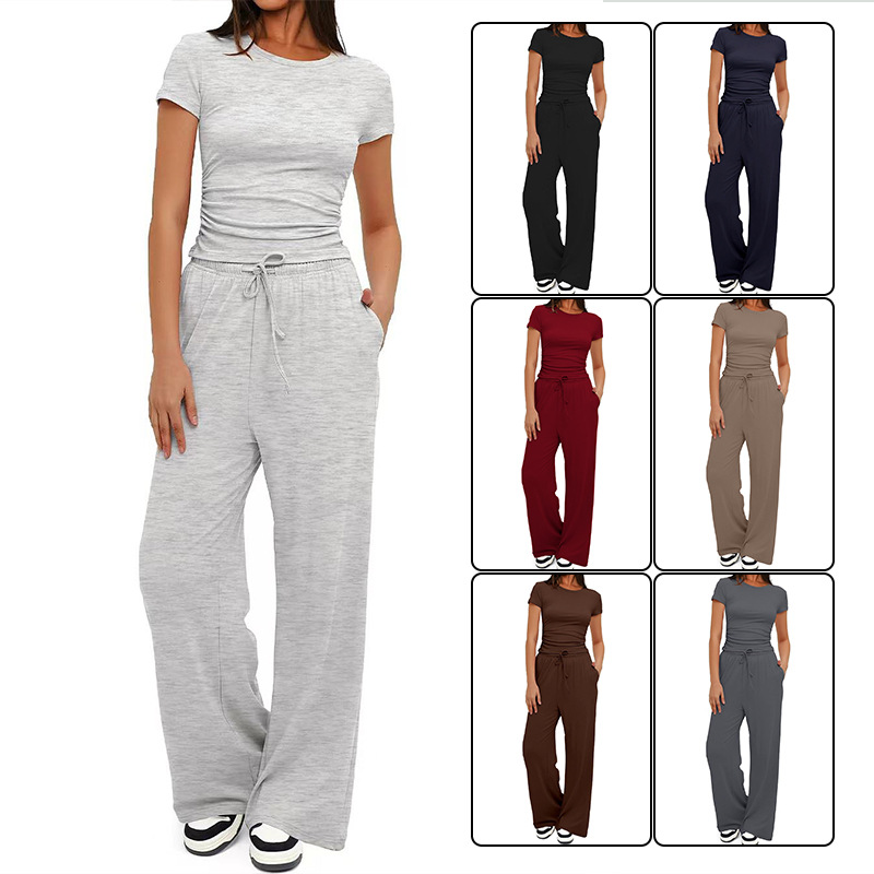 Women's Wide-Leg Two-Piece Set Short Sleeve Casual Commuter Outfit