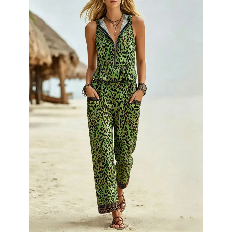 Plus Size Leopard Print Hooded Sleeveless Vest and Wide-Leg Pants Set