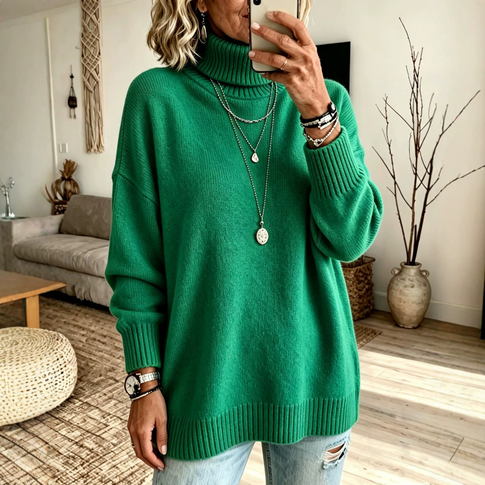 Women's Turtleneck Sweater Loose Knit Pullover Soft Thickened Base Layer