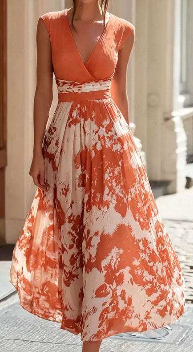 Sleeveless V-Neck Blue and White Porcelain Print Midi Dress