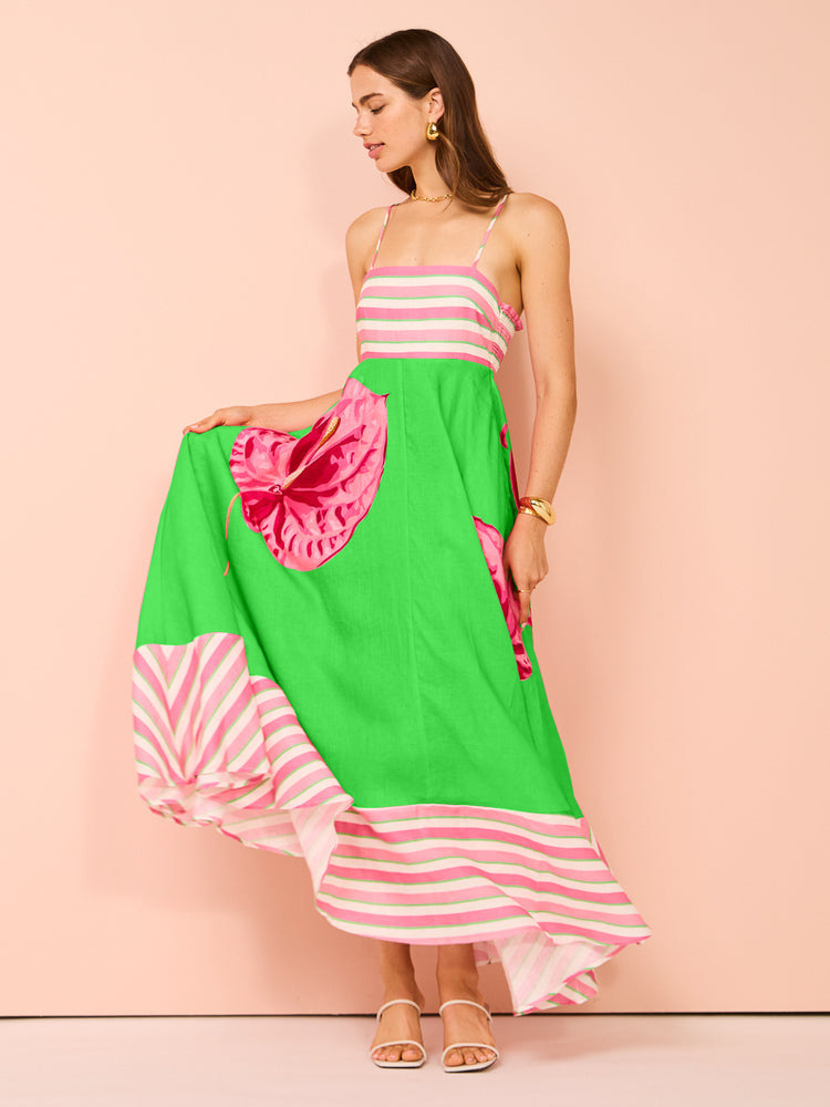 Women's High-Waist Printed Cami Dress with Flared Skirt